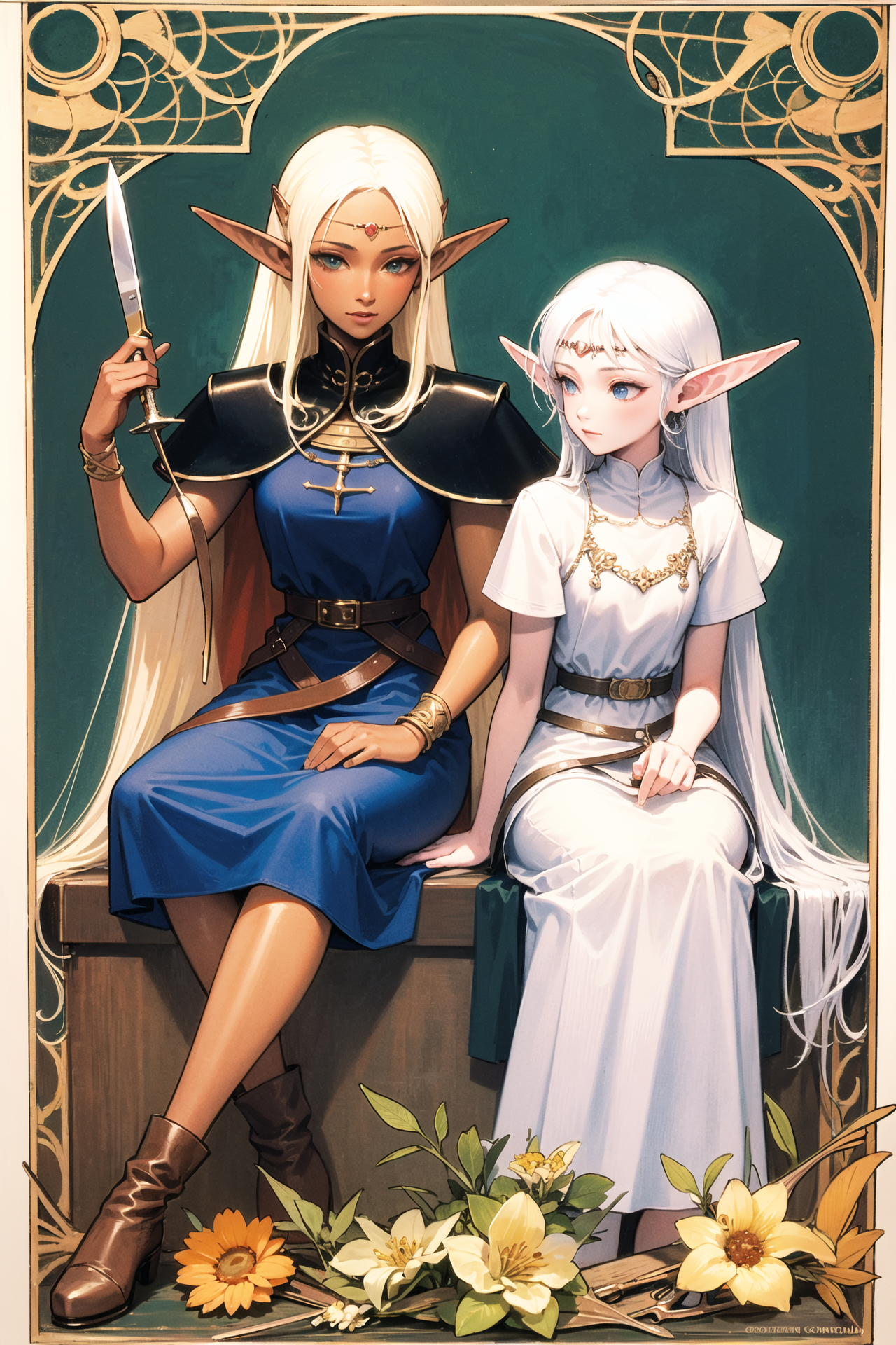 16472-3359181091-2girls, Deedlit, Pirotess, multiple girls, elf, pointy ears, long hair, dark skin, flower, blonde hair, jewelry, white hair, hai.png